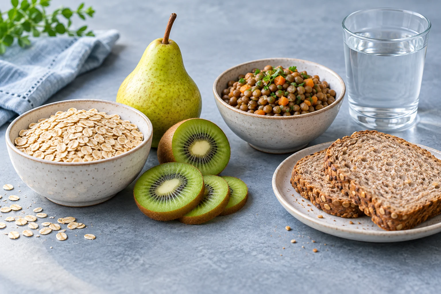 Avena, frutas, menestras, pan integral y agua como opciones de alimentación con fibra
