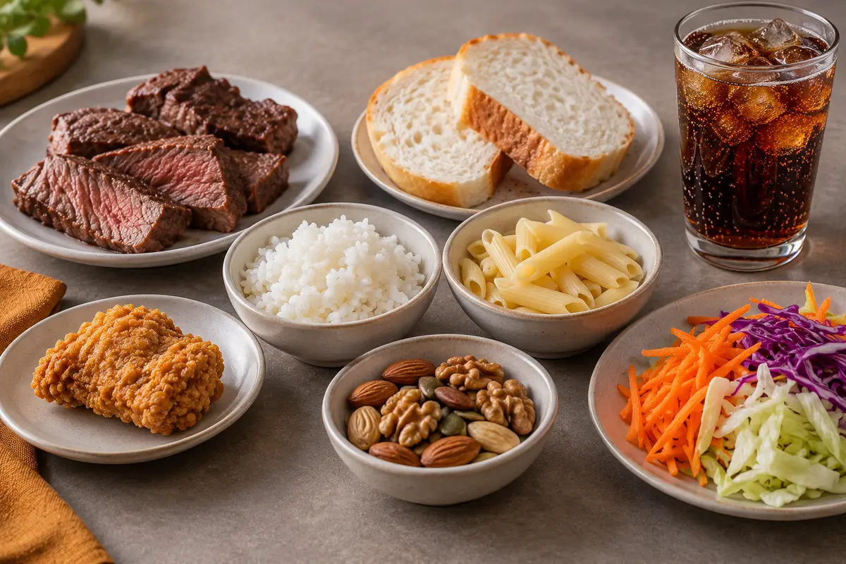 Ejemplos de alimentos que pueden causar intolerancia después de cirugía bariátrica: carne, pan, arroz, pasta, frituras, verduras fibrosas, frutos secos y bebida gaseosa