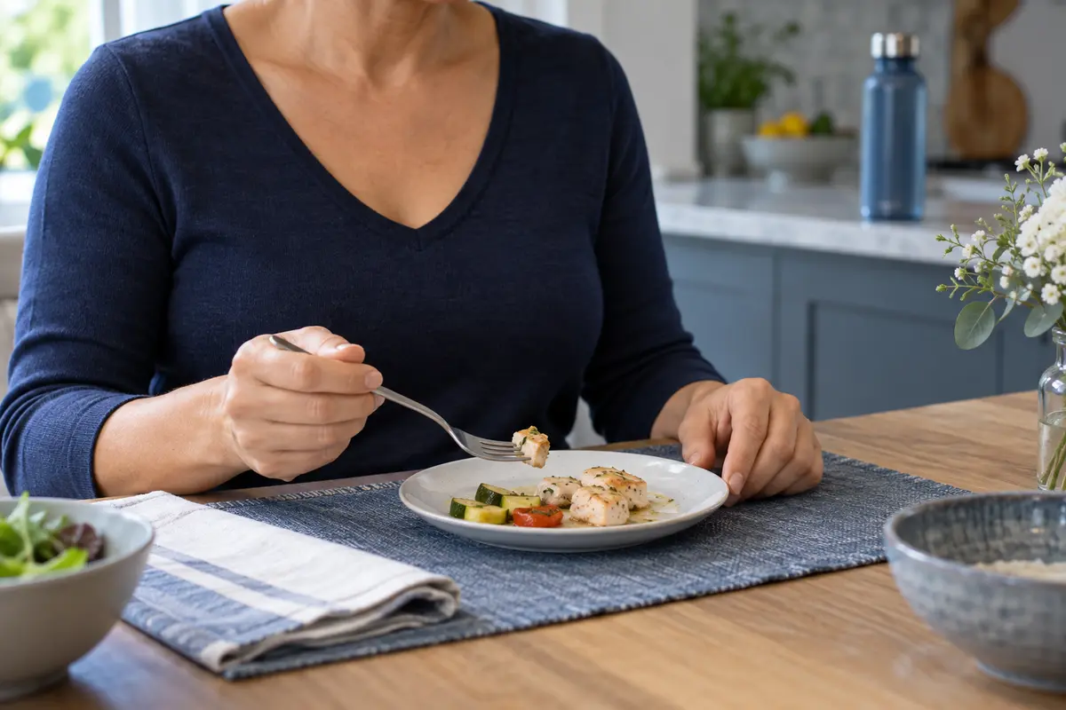 Persona sentada en posición erguida, comiendo bocados pequeños de un plato de postre