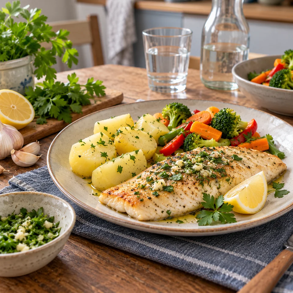 Pescado, papa y verduras acompañados de hierbas, limón y especias