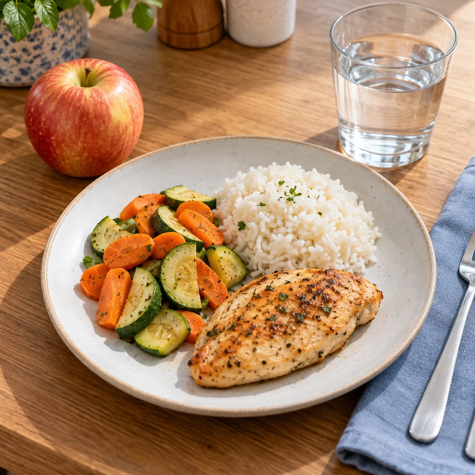 Arroz, pollo, verduras cocidas, una manzana y agua como ejemplo de comida variada