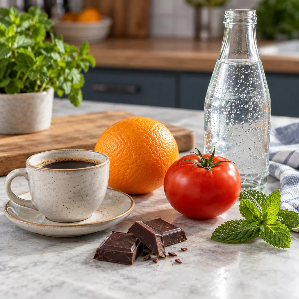 Café, chocolate, naranja, tomate, menta y agua con gas; su tolerancia es individual