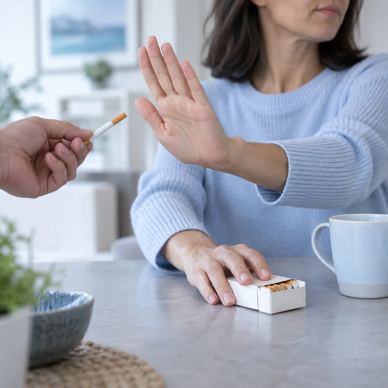 Persona rechaza un cigarrillo ofrecido y aparta el paquete
