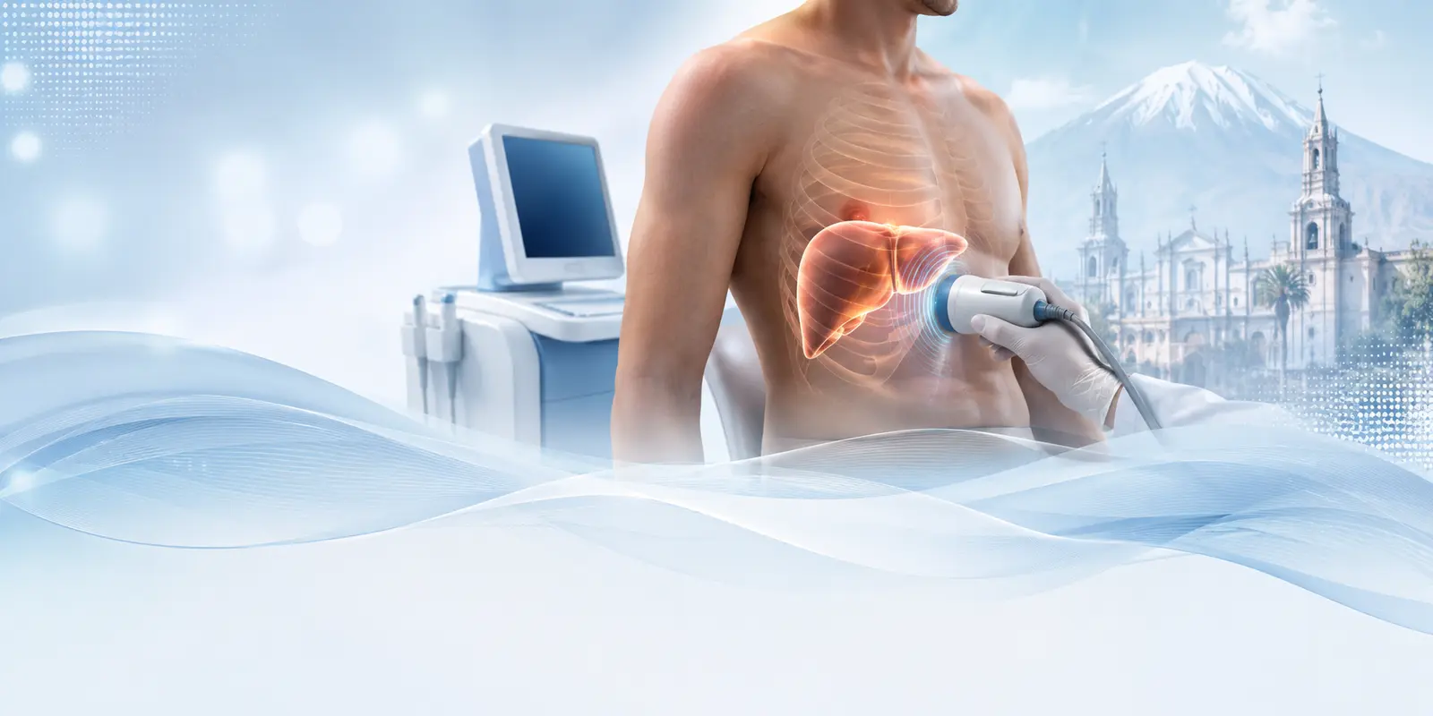 Ilustración de evaluación de rigidez hepática mediante elastografía