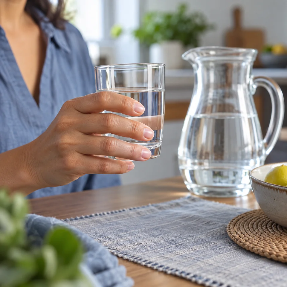 Una mano sostiene un vaso pequeño con agua