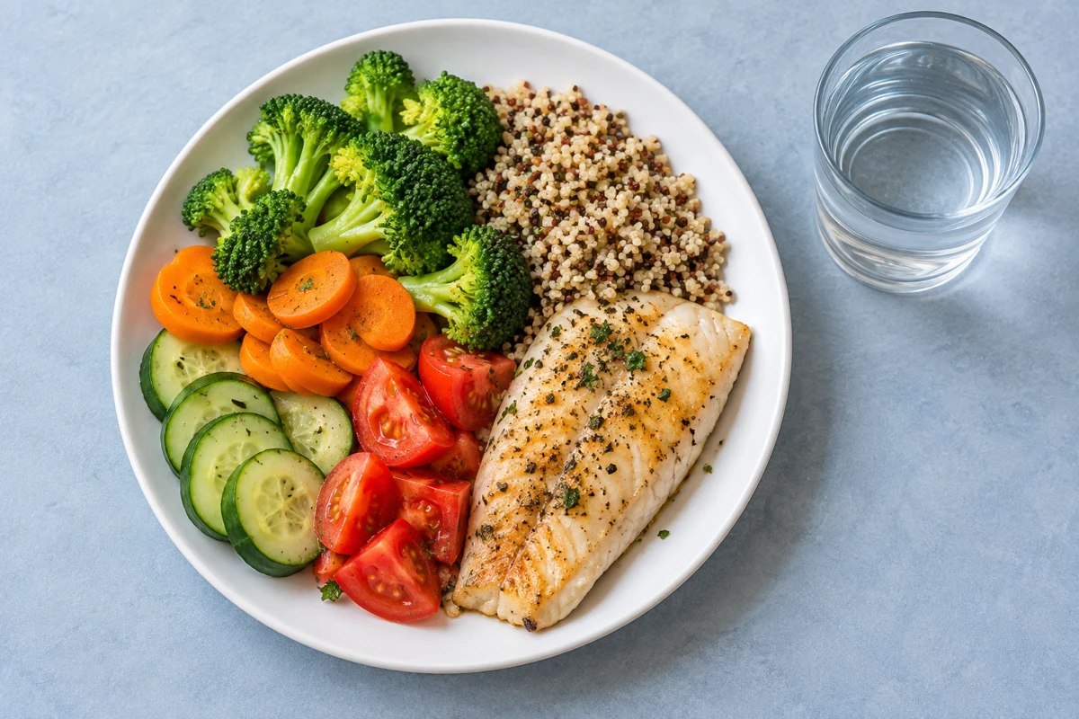 Ejemplo de comida con verduras variadas, pescado a la plancha, quinua y agua