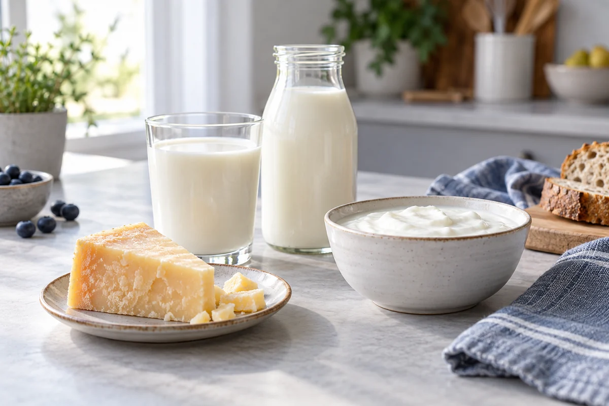 Leche, yogur natural y queso maduro como ejemplos de productos lácteos