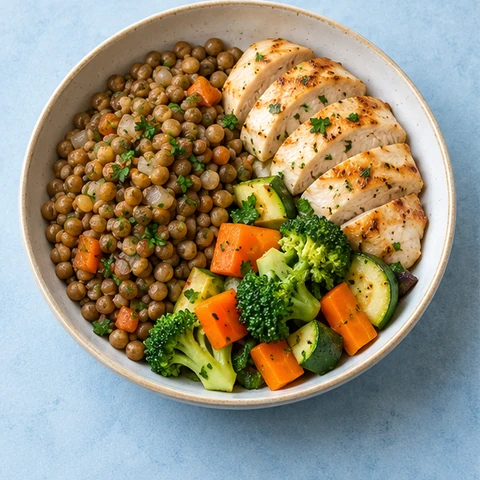Lentejas, pollo sin piel y verduras preparados sin fritura