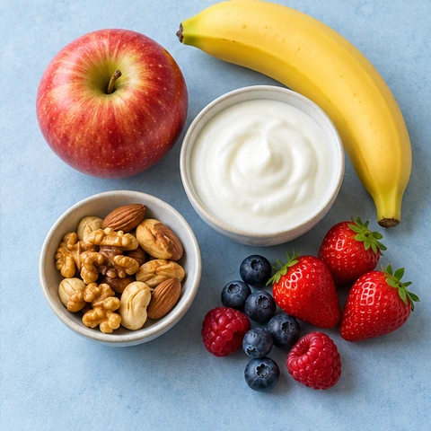 Frutas enteras, yogur natural y una pequeña porción de frutos secos