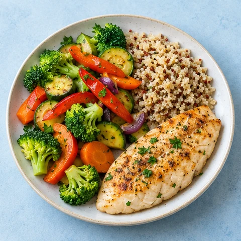 Plato con verduras, quinua y pescado