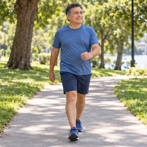 Una persona adulta caminando al aire libre