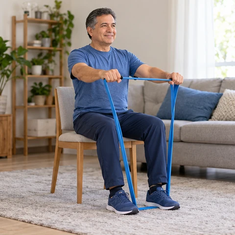 Una persona adulta haciendo ejercicio con una banda elástica