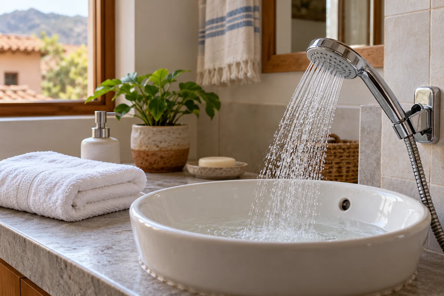 Ducha con agua sin vapor, toalla suave y limpiador sin marca