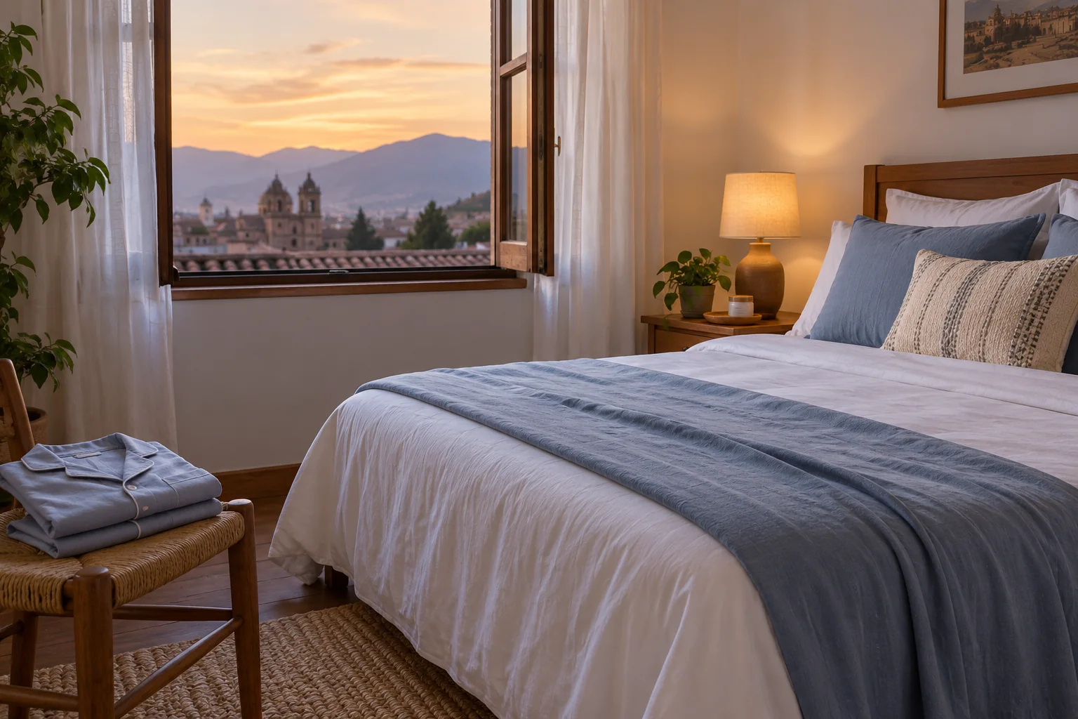 Dormitorio ventilado, ropa de cama ligera y pijama de algodón