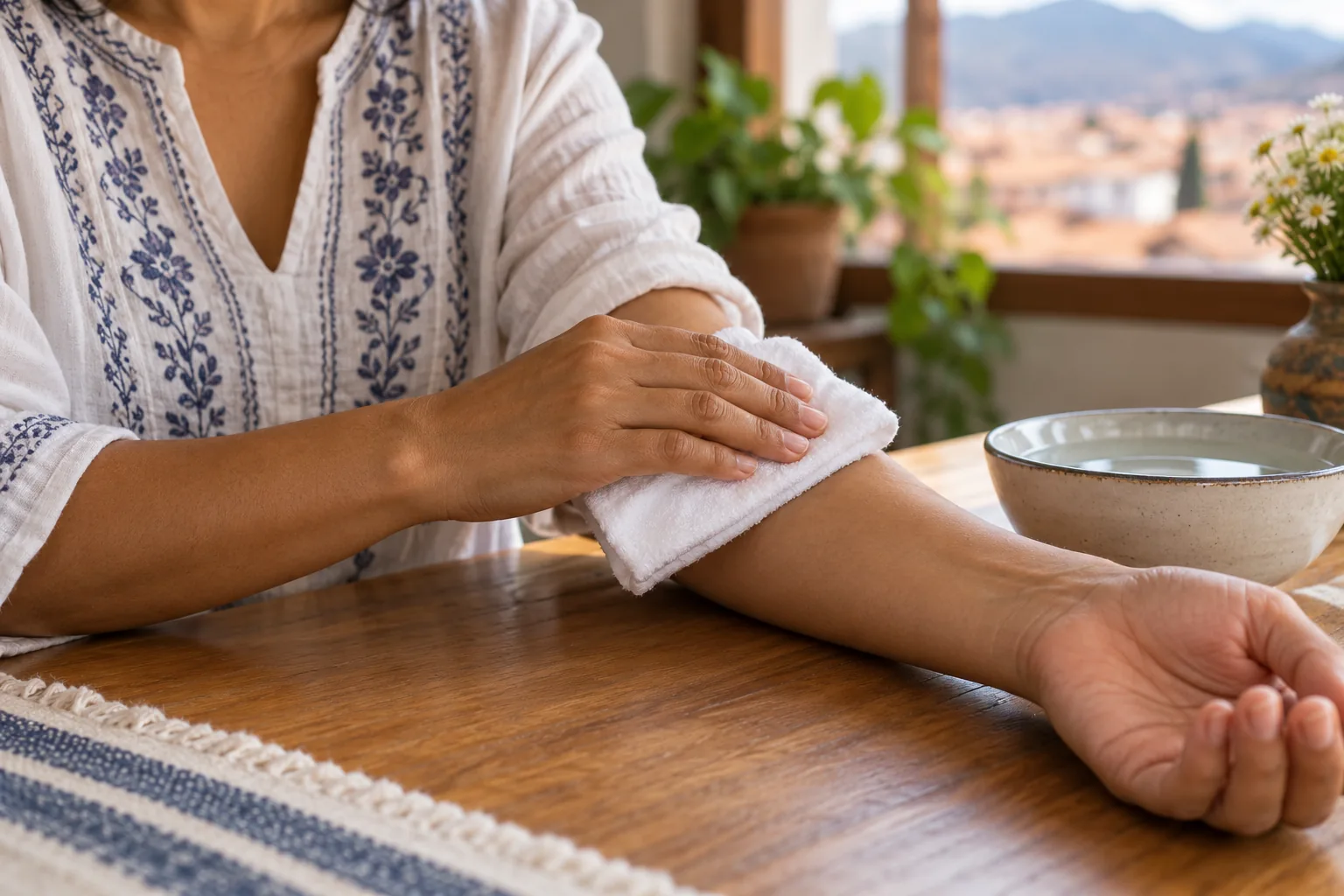 Paño limpio humedecido con agua sobre la piel intacta del antebrazo