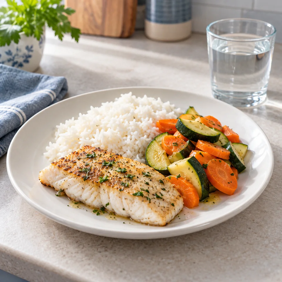 Comida con arroz, pescado y verduras cocidas junto a un vaso de agua